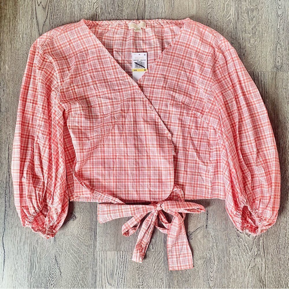 Michael Kors Womens Coral Tie Tattersall Long Sleeve V Neck Blouse Size M $98
